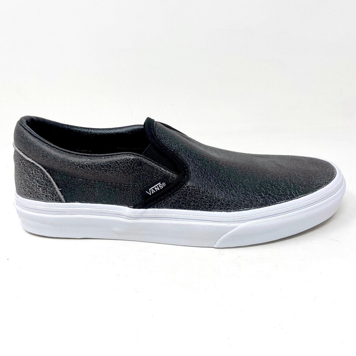 Vans Classic Slip On (Cracked Leather) Black White Womens Casual