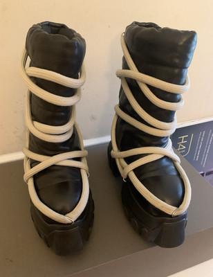 Rick Owens Lunar Mega Tractor Black Leather Mid-Calf Lace-Up Boots EU 43