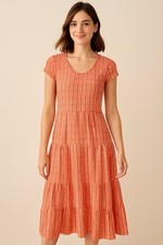 Tommy Hilfiger Dress Women’s XS Orange Geo Print Tiered Drop Hem Cottagecore