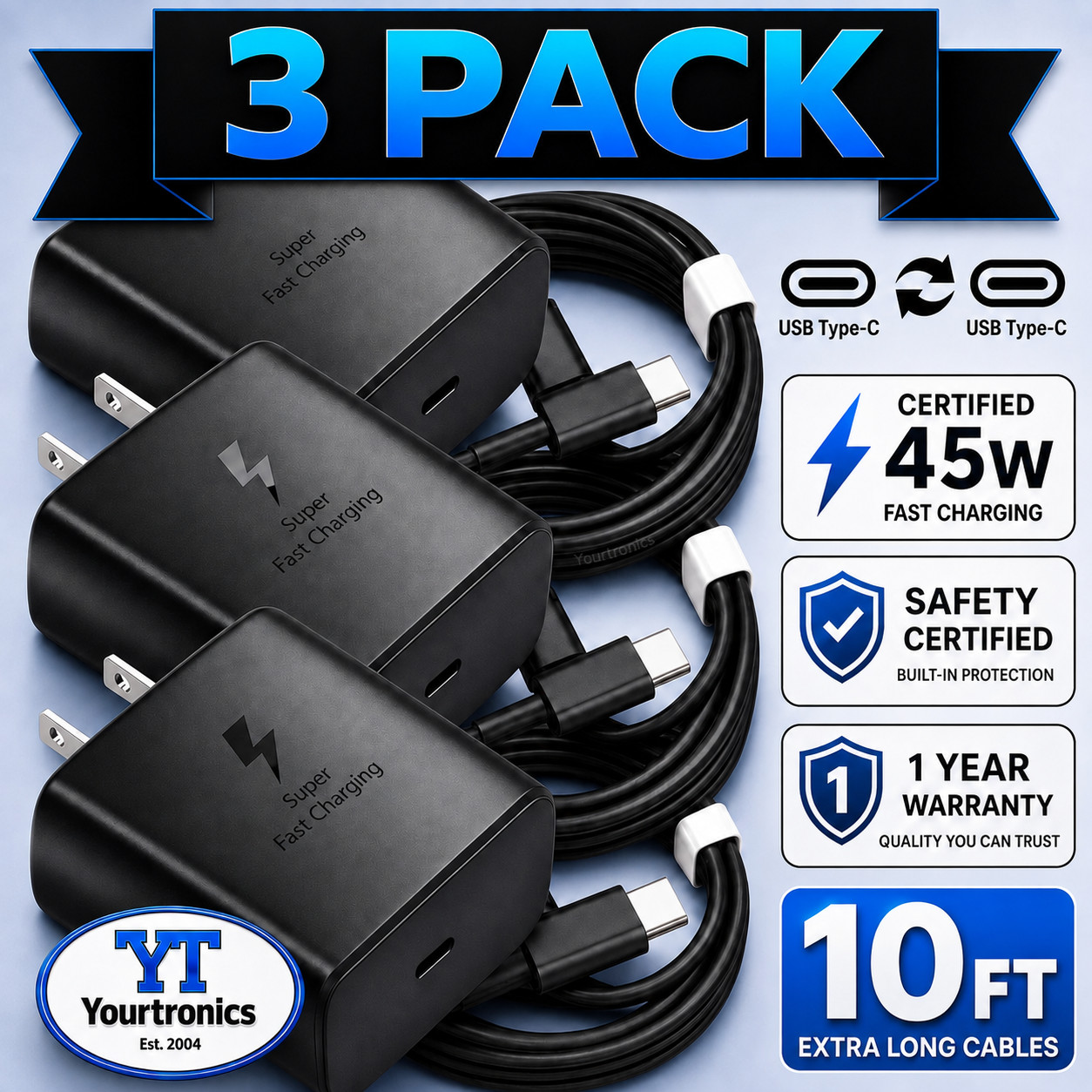 3 PACK 45w USB-C Fast Wall Charger+10ft Cable For Samsung Galaxy S25 S24 S23 S22
