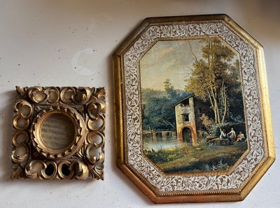 Florentine Italian Gold Gilt Rococo Carved Frame & Pastoral Country Scene Plaque