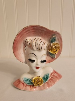 Vintqge Napco Lady Head Vase Wall Pocket Pink Hat Dress Yellow Roses Lush Lashes