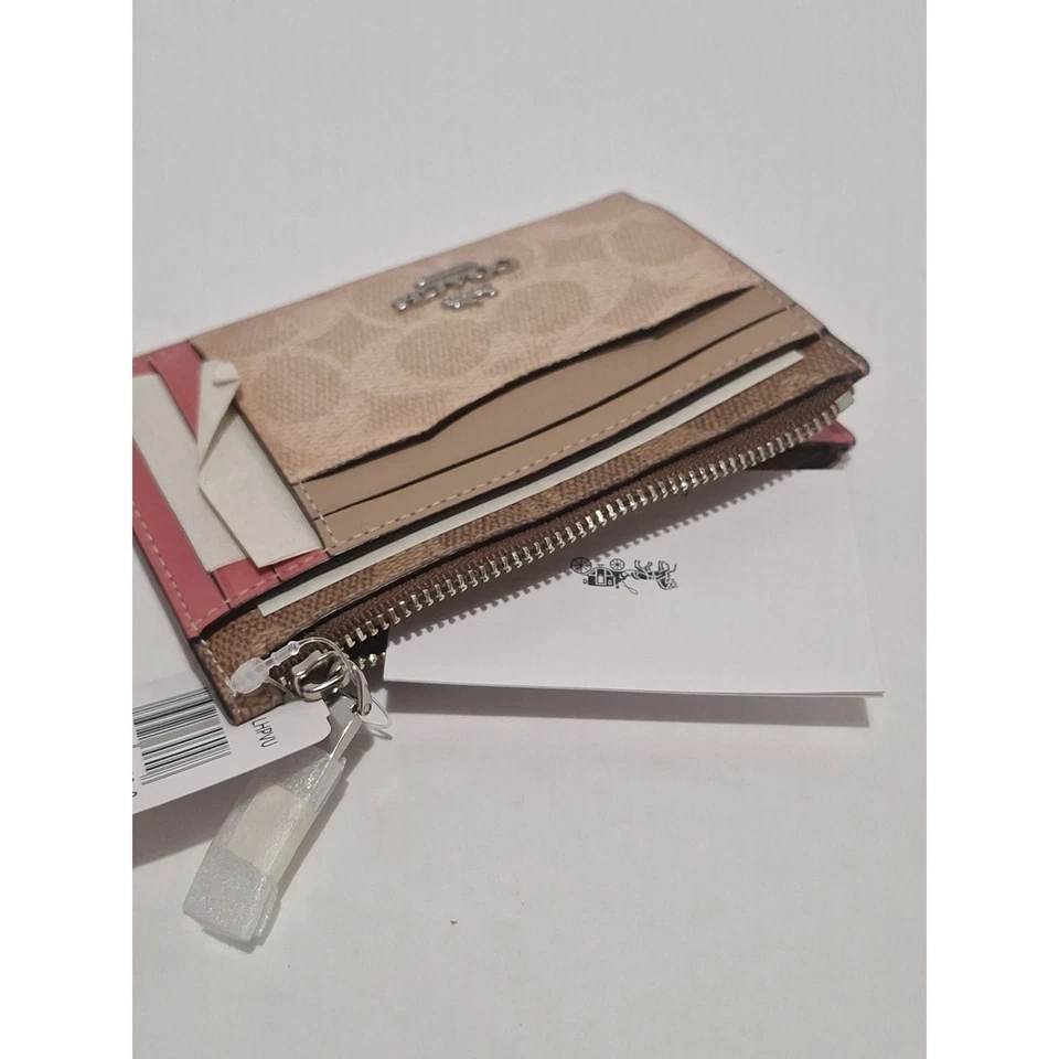 Estuche para tarjetas Coach Signature con cremallera en esquina 89484 color tostado arena orquídea nuevo con etiquetas Foto 3 de 4