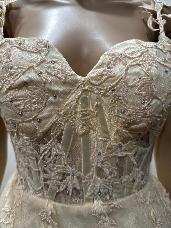 Vestido para mujer boda estrás encaje espalda fiesta formal noche vestido beige Foto 3 de 4