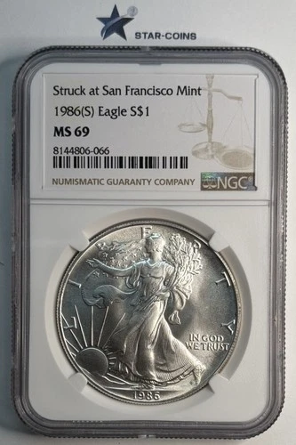 1986(S) Silver Eagle NGC MS69 Standard Brown Label