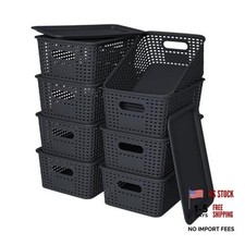 8 Pack Plastic Storage Baskets with Lids for Organization  Stackable Black