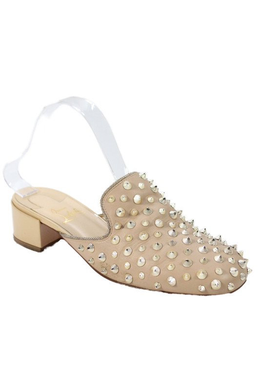 Christian Louboutin Womens Block Heel Spike Studded Mules Brown Size 37.5
