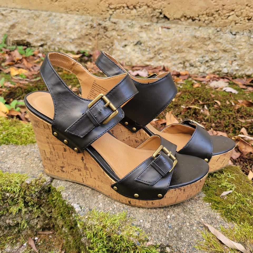 Merona Womens Black Leather Cork Shoes Sz 9.5 Platform Sandals Wedding Guest - Image 2 of 4