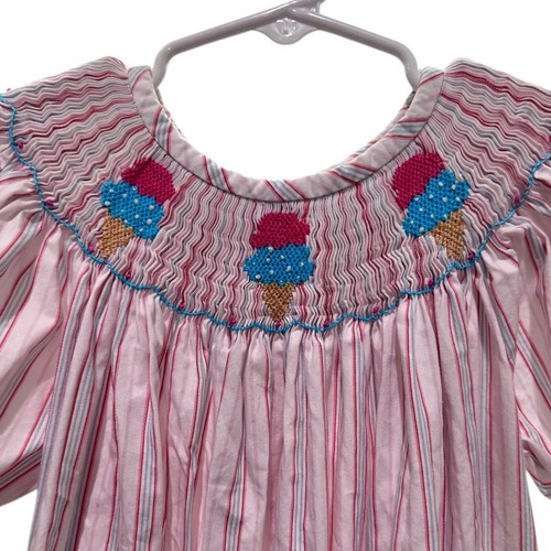 Castles & Crowns Smocked CupcakesBishop Dress Pink Blue Stripes Puff Sleeves 6X - Picture 5 of 5