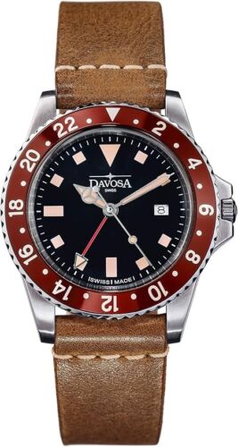 Davosa Ternos Vintage DIVER GMT Quarz 162.500.65 Braun Leder Herrenuhr NEU - Bild 8 von 9