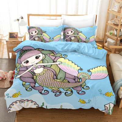 3D Meerjungfrau Shell Line Kinder Blau Quilt Cover Set Bettwäsche Sets Kissen...