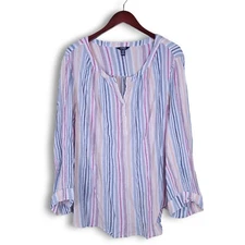 Chaps Womens 4X Coastal Striped Crinkle Gauze Gauzy Popover Top Shirt
