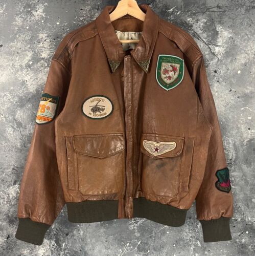 Vintage 90’s G-111 Aviator Global identity patches leather full zip jacket