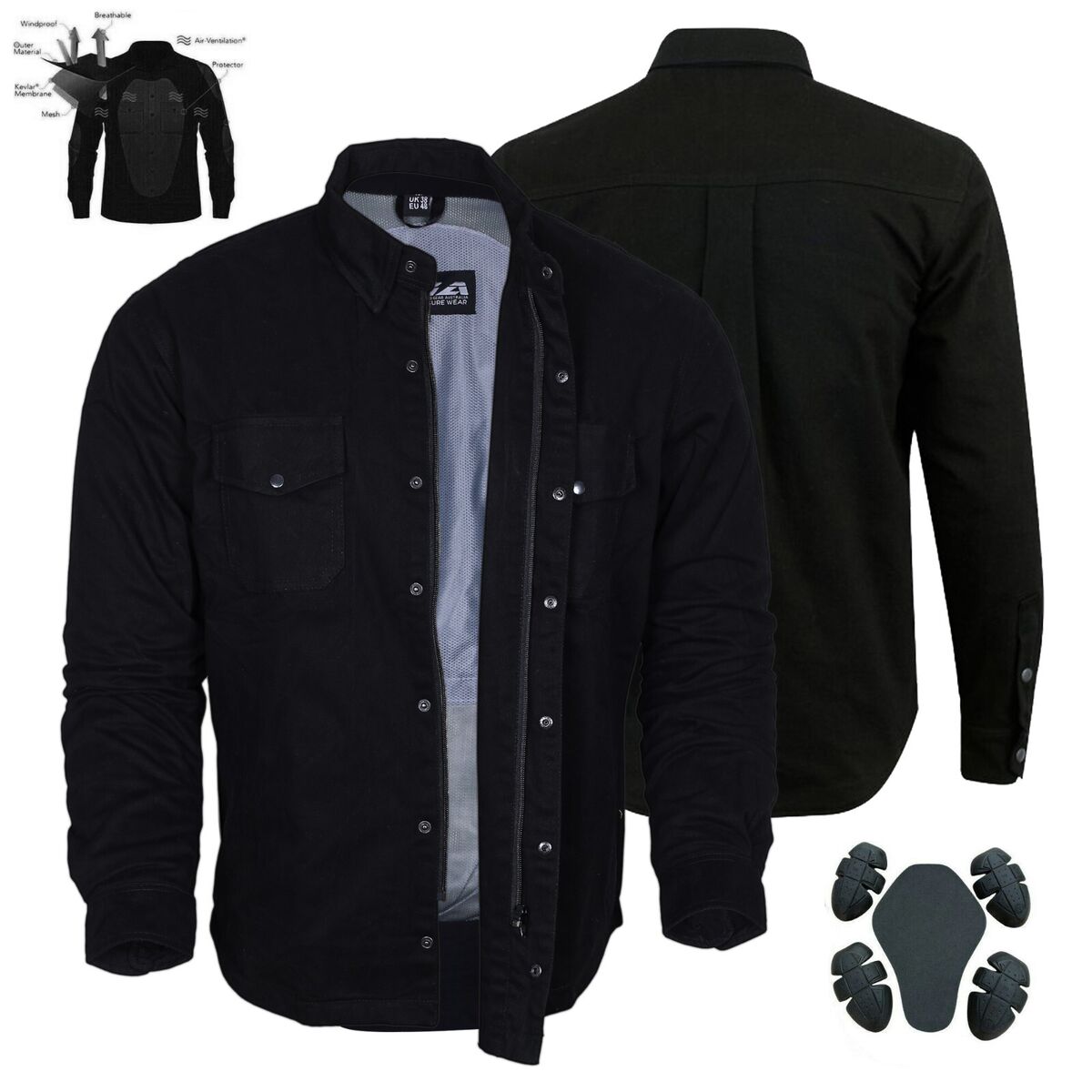 Camisa blindada de motocicleta Australian Bikers Gear CE forrada con Kevlar NEGRA