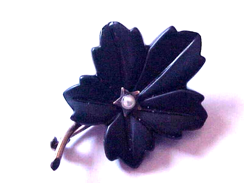 Gold and Gutta Percha Victorian Mourning Pin with Seed Pearl - Picture 2 of 3