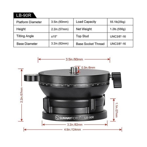 SUNWAYFOTO LB-90R 360° Base Niveladora Panorámica Cabezal de Trípode 55 lb Capacidad de Carga - Imagen 9 de 9