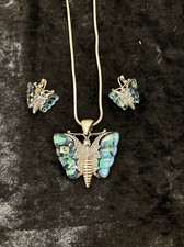 Silver Toned Butterfly Necklace and Earring Set, Light Blue Rhinestones