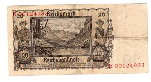 Deutschland GERMANY BANKNOTE 20 Reichsmark 1939 P185 REICH 2 KREUZE HAKENKREUZ GUTER ZUSTAND - Bild 2 von 2