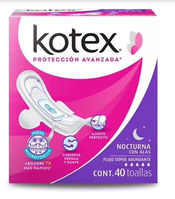 KOTEX NOCTURNA CON ALAS/40TOALLAS/FLUJO SUPER ABUNDANTE/NIGHT TIME PADS SUPER+