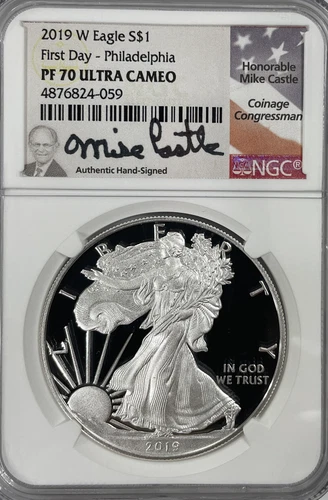 2019-W FIRST DAY OF ISSUE Philadelphia SILVER EAGLE NGC PF70 PROOF MIKE CASTLE