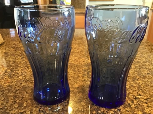 Vintage Pair Coca-Cola Coke Soda Drinking Beverage Glasses Cobalt Blue 6" Tall