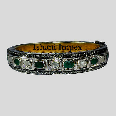 Handmade Natural Diamond & Diamond Polki 925 Sterling Silver Bangle Bracelet - Picture 1 of 4