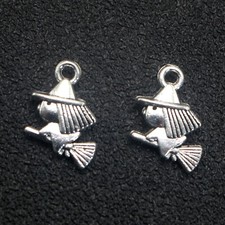 50 Tibet Silver Alloy Halloween Witch Riding Broom Charm Pendants 15X12mm