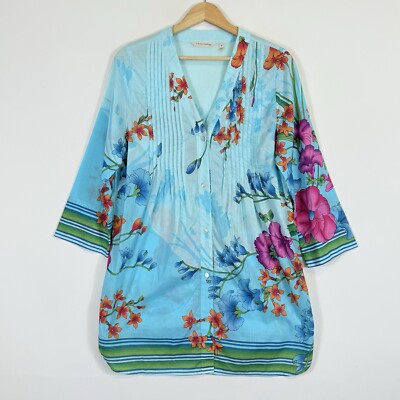 Soft Surroundings Women's Medium Tunic Shirt Top Blue L'Atalante Floral Pintuck
