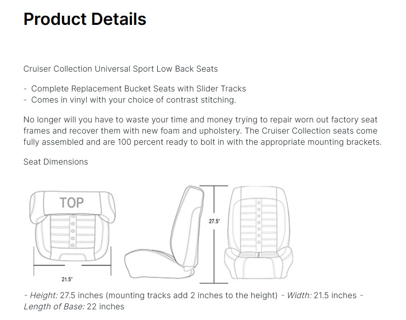 NEW ITEM! Cruiser Universal Bucket Seats from TMI, Gray w/Your Choice of Stitch