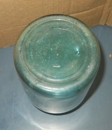 FRASCO ENLATADO DE VIDRIO AZUL AGUA BOLA ANTIGUA PERFECTA MASON QUART #1 CON LÍNEA - Imagen 5 de 5