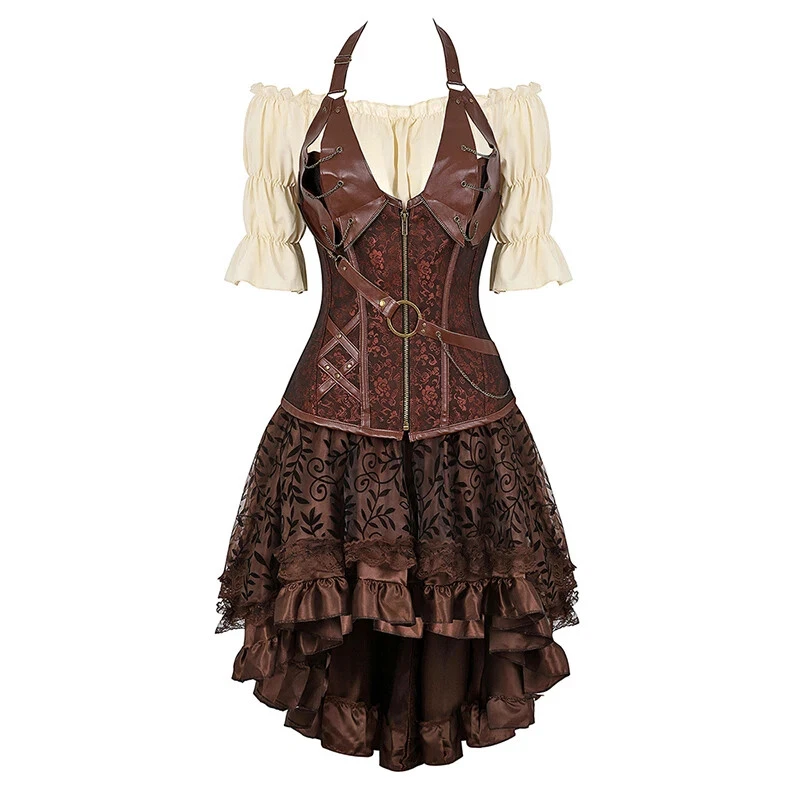 LOT Steampunk Corset Dress Costume Women Halloween Faux Leather Corset Dress - Image 3 of 4