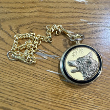 Gold Tone Full Hunter Pocket Watch Wolf Design Quartz White Dial Chain