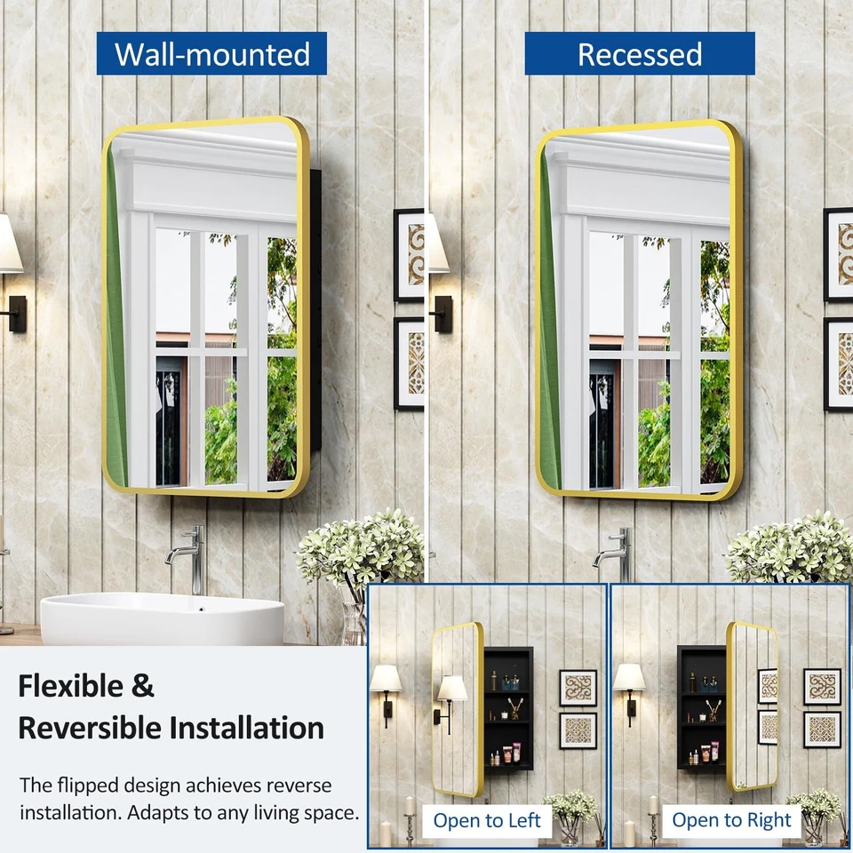 Mueble de medicina con espejo de 16x24 pulgadas para baño marco de metal dorado baño med... Foto 3 de 4