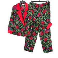 VTG Victoria's Secret Pajama Women S Black Red Floral Gold Label Satin Pants