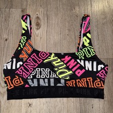Victoria's Secret Pink Ultimate Sports Bra Size Large Graffiti Logo Neon Black