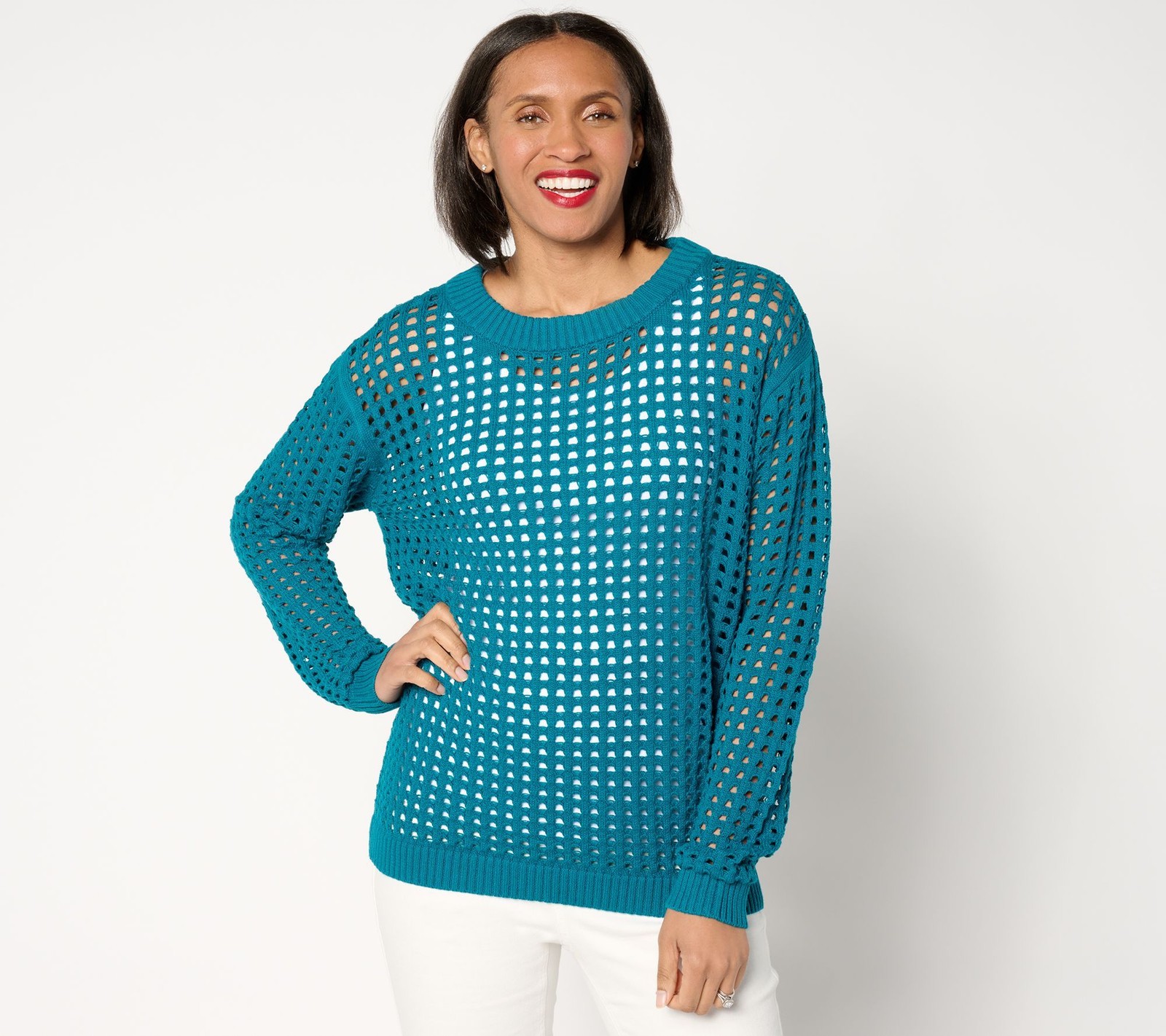 Fashion Women's Top Plus Sz Sweater 1X Novelty Open Stitch Crewneck Blue A653588