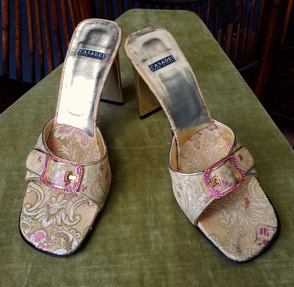Vintage Casadei Gold Brocade Pink Crystal Buckle Heels Shoes Mules 8.5B - Image 4 of 4