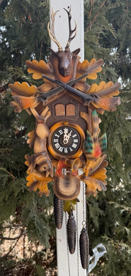 Vintage Albert Schwab German MUSICAL HUNTER Cuckoo Wall Clock RUNS - SEE VIDEO