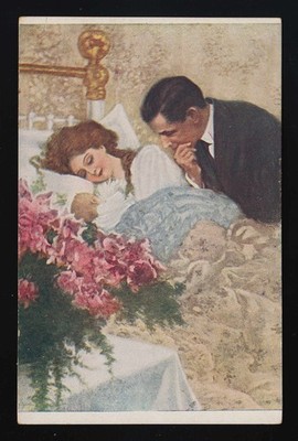 Father looking lovingly at mother and newborn in puerperium, Vienna around 1914
