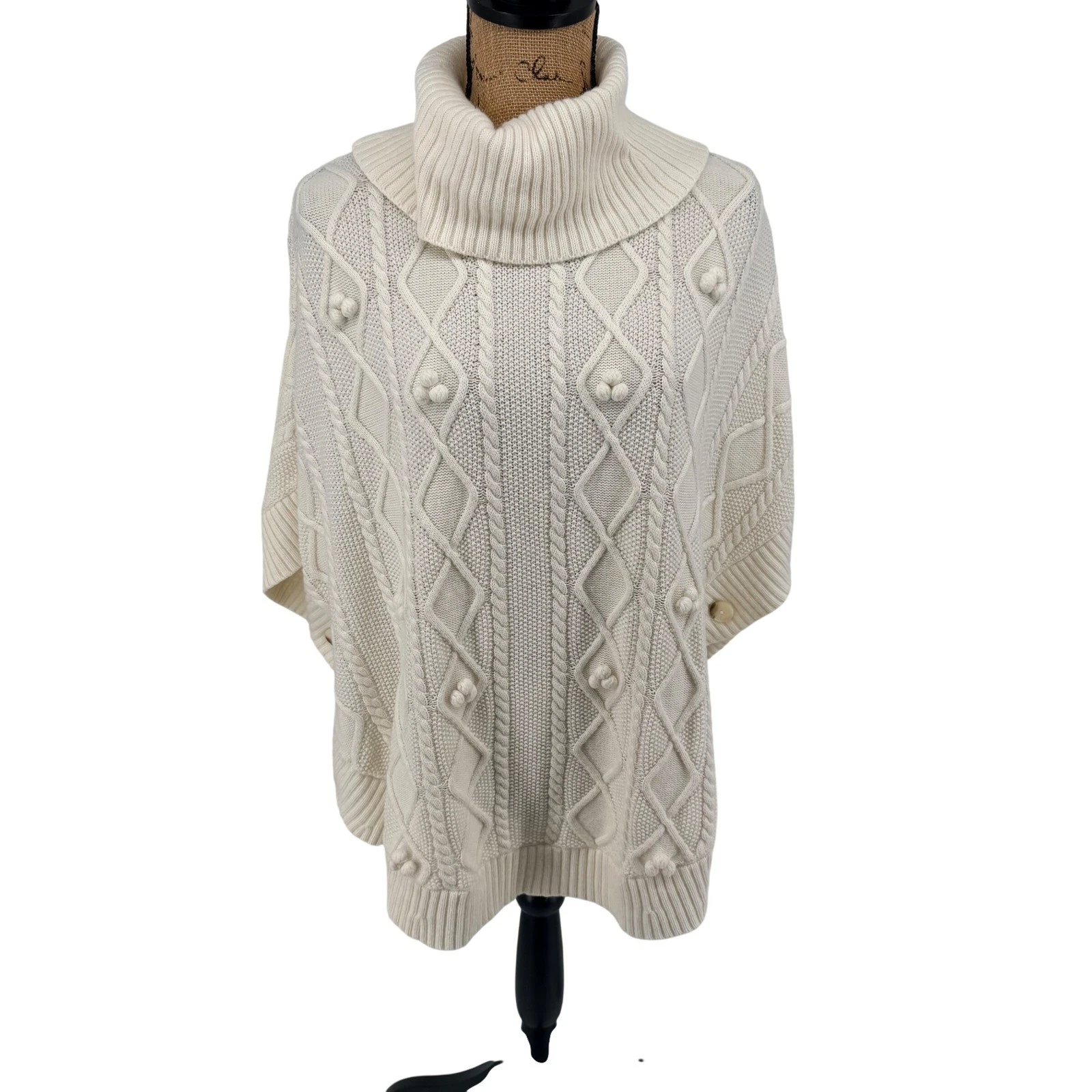 Talbots Womens XS Cream Cable Knit Bobble Turtleneck Poncho Sweater Wool Blend