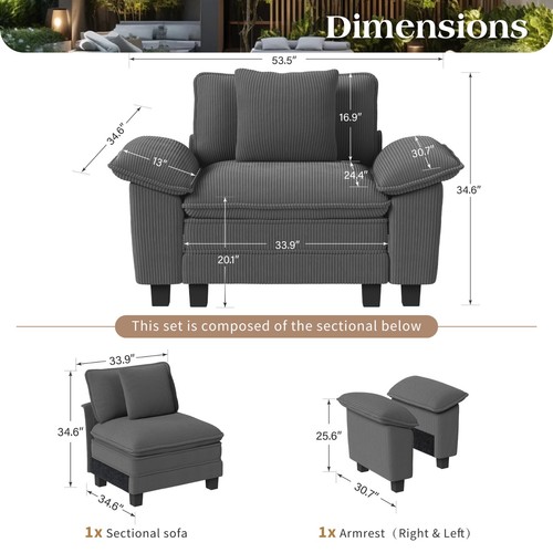 Modular Sectional Sofa Corduroy Cloud Couch with Chaise and Cushion 1/4/5/6-Seat - Picture 27 of 35