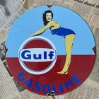 VINTAGE 1953 GULF GASOLINE OIL PUMP GAS STATION 12 INCH PORCELAIN ENAMEL SIGN