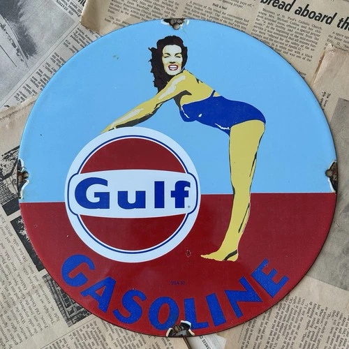 VINTAGE 1953 GULF GASOLINE OIL PUMP GAS STATION 12 INCH PORCELAIN ENAMEL SIGN