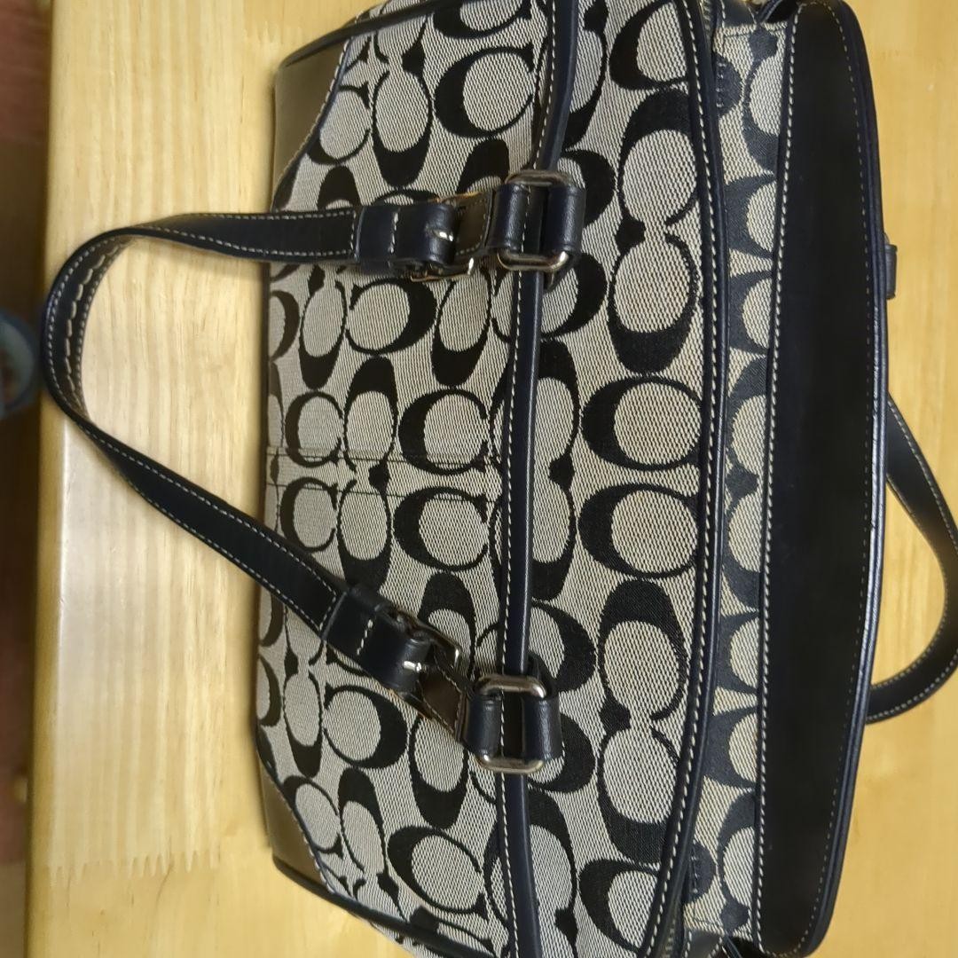 COACH Signature Logo Print Handbag in Beige and Black