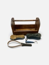 Wooden Grooming Box with Brushes, Hoof Pick and Sweat Scraper/Shedding Blade