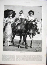 Original Old Antique Print Morning Ride Donkey Beach Children Fine Art 1885 19th