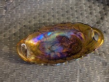 Indiana Glass Amber Marigold Carnival Glass Lily Pons Handled Pickle Dish