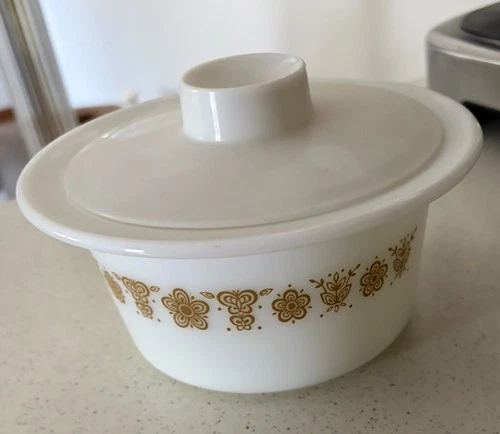 VTG #75 Pyrex Butterfly Gold Round Butter Dish Bowl w Lid Milk Glass Corning USA