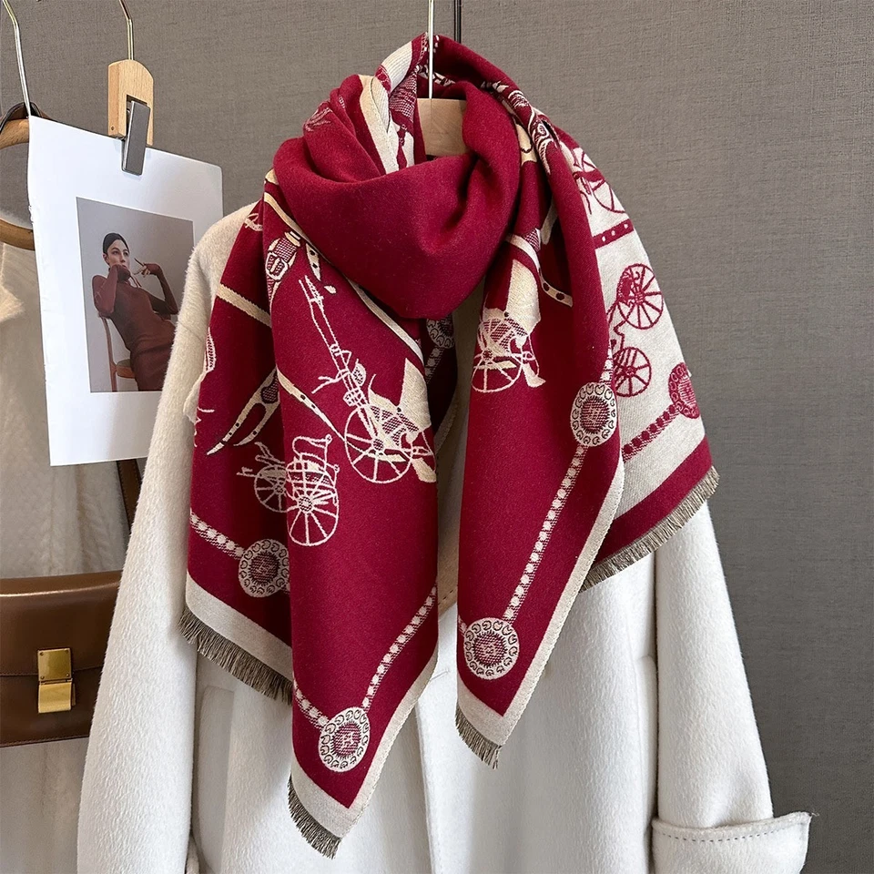 Reversible Equestrian Horse Carriage Scarf Shawl Wrap Red Burgundy Cream Cashmer - Image 3 of 4