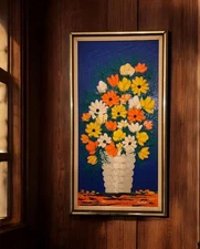 SIGNED GAUTHIER MID CENTURY MODERN VTG VIBRANT FLORAL PALETTE KNIFE OIL PAINTING